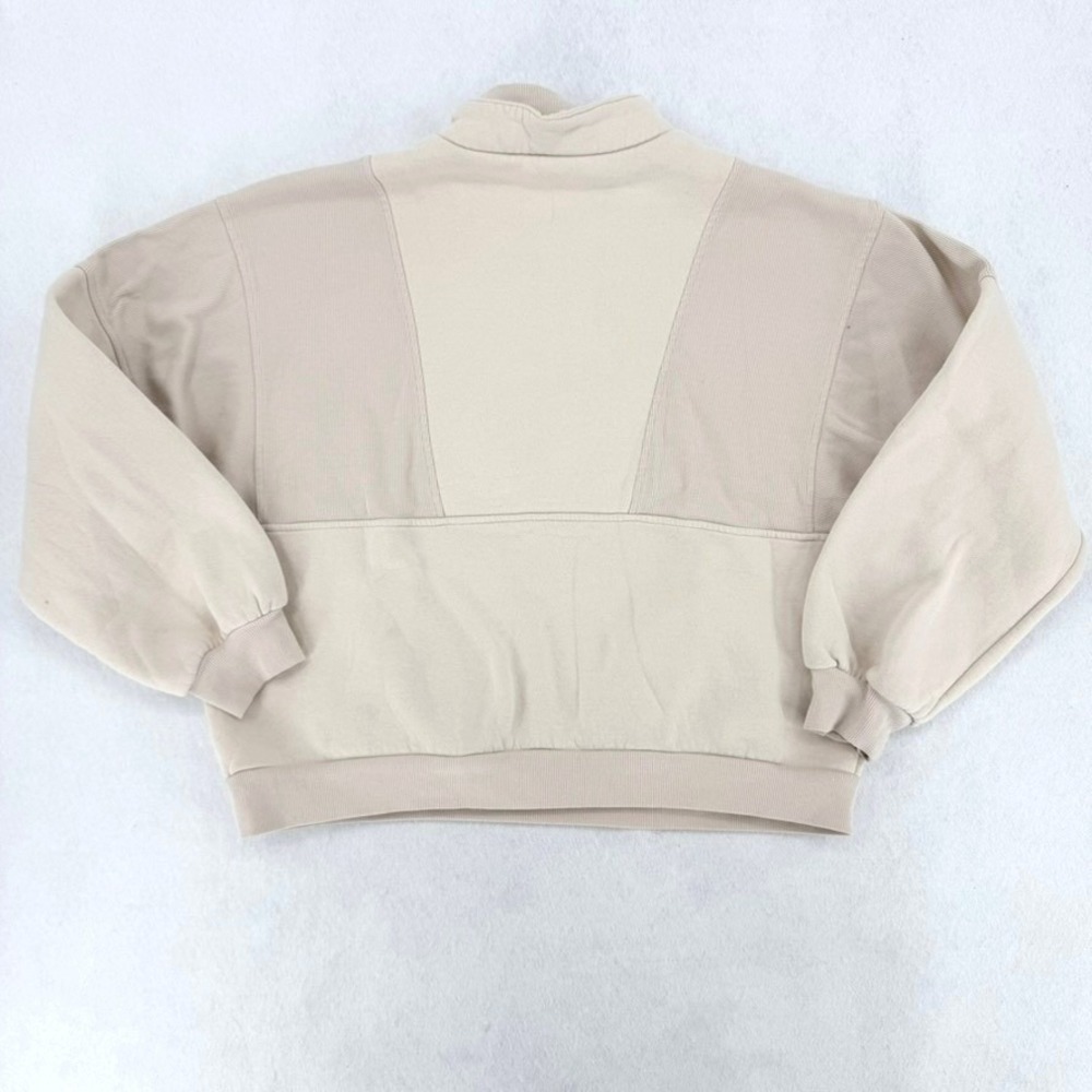 Quarter Zip Paneled Fleece Sweatshirt Mock Neck Oversized Beige Cream Women - Picture 8 of 11